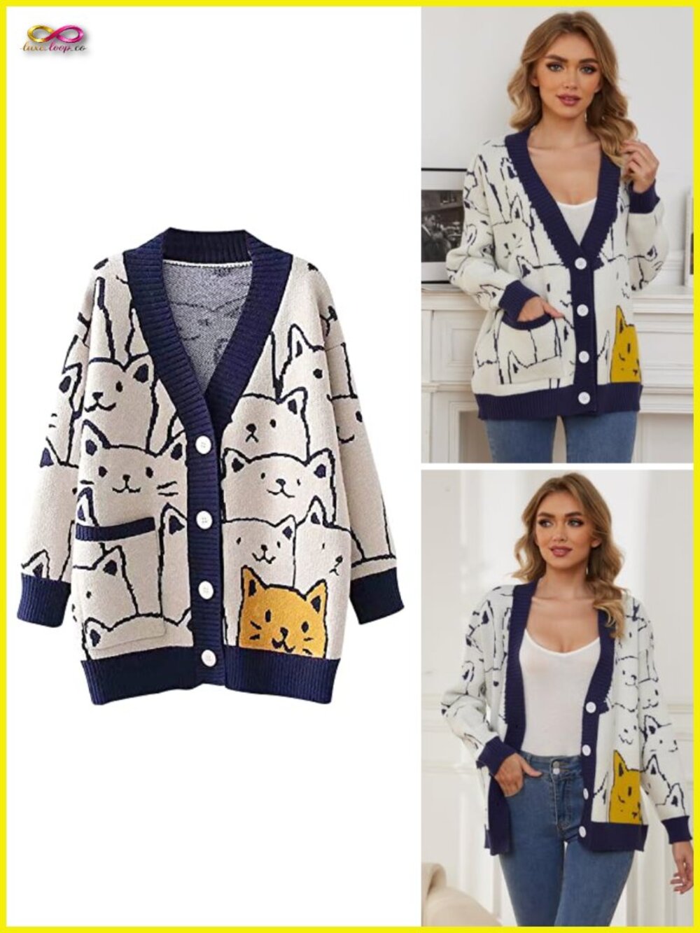 Oversized V Neck Knit Cat Cardigan Button Down Kawaii Cute Print Sweater